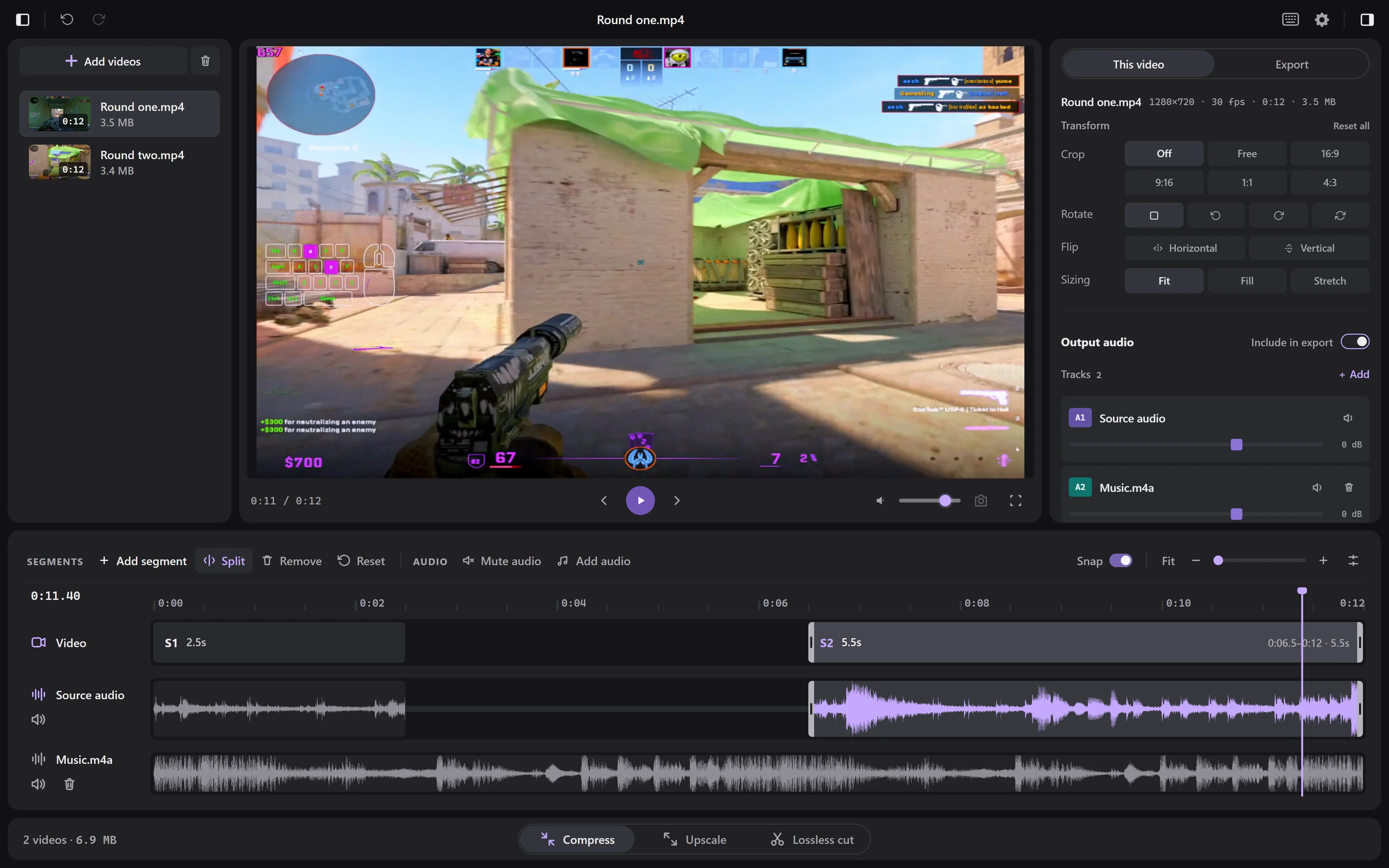 The Tuck editor: two videos in the Library, the player, the Inspector with crop and audio track controls, and a timeline where the middle of the clip is removed and a music track is added.
