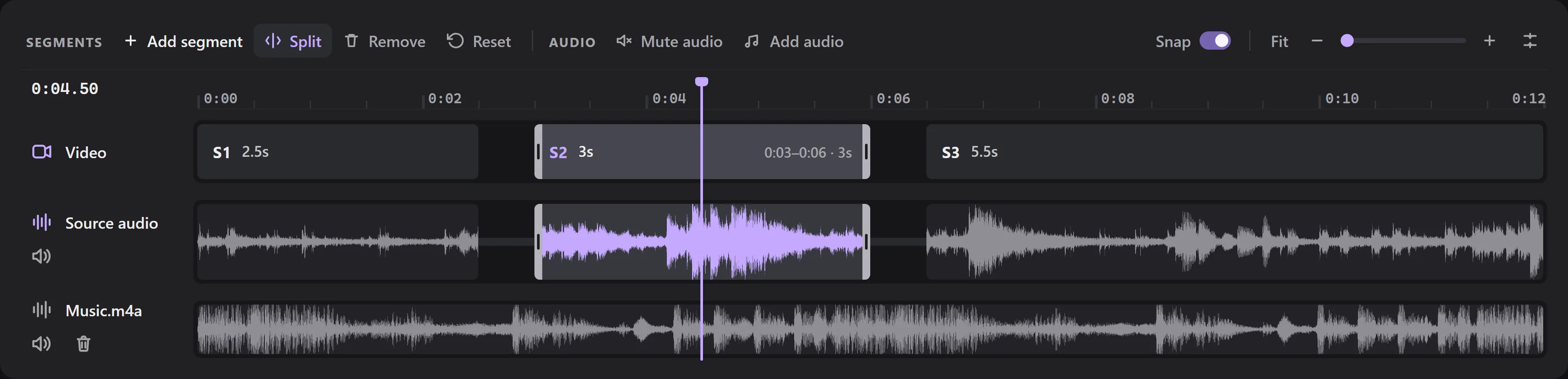 The timeline in three parts with a small gap between each, the middle part selected to be removed, and a music track under the whole clip.